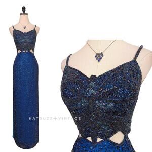 Vintage Prom Dress Maxi Gown M Blue Y2K Butterfly Bead Cut Out Iridescent Long